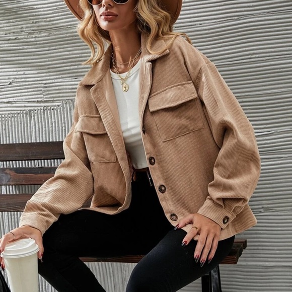 Corduroy boyfriend oversized shacket jacket button up boho tiktok tan khaki - Picture 2 of 14